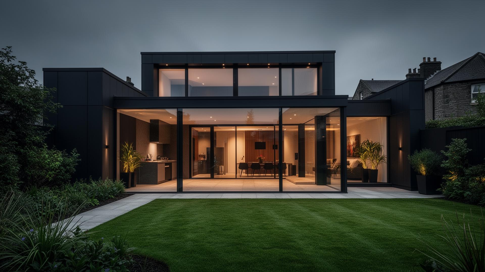 Modern home extension built in Glasgow at dusk